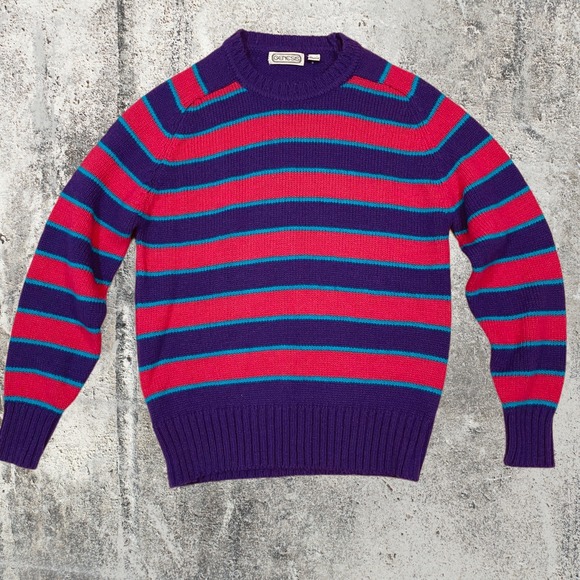 Genesis Sweaters - Vintage 80s Genesis Striped Knit Sweater Purple Blue Pink Crewneck Retro